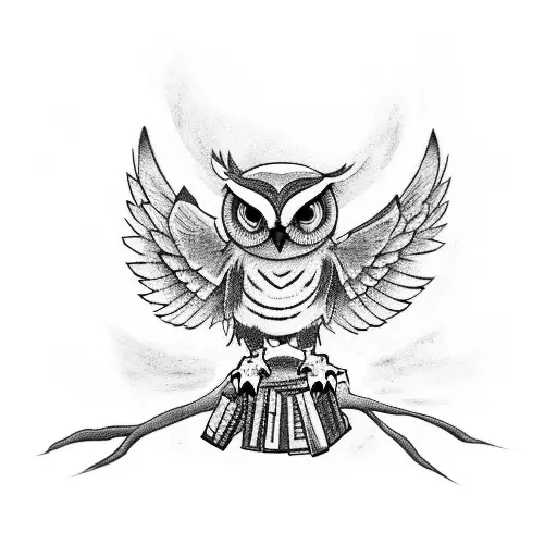 A tattoo design featuring an owl, penguin, and crow sitting on a stack of books, with a skeleton reading a book in the background tattoo design idea