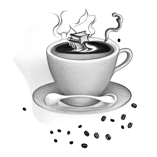 A tattoo design of a steaming cup of coffee surrounded by flying books and skeletal hands reaching for them tattoo design idea