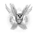 A tattoo design of a mystical owl flying over a graveyard filled with skeletal figures reading books, done in a black-grey style tattoo design idea