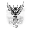A tattoo design of a mystical owl flying over a graveyard filled with skeletal figures reading books, done in a black-grey style tattoo design idea