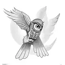 A tattoo design of a mystical owl flying over a graveyard filled with skeletal figures reading books, done in a black-grey style tattoo design idea
