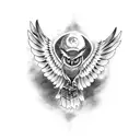 A tattoo design of a mystical owl flying over a graveyard filled with skeletal figures reading books, done in a black-grey style tattoo design idea