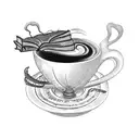 A tattoo design of a steaming cup of coffee surrounded by flying books and skeletal hands reaching for them tattoo design idea