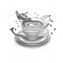 A tattoo design of a steaming cup of coffee surrounded by flying books and skeletal hands reaching for them tattoo design idea