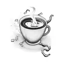 A tattoo design of a steaming cup of coffee surrounded by flying books and skeletal hands reaching for them tattoo design idea