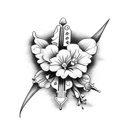 Acoustic Guitar on inside of arm.  Daisey, Lily of the Valley, Larkspur, Gladiolus, Marigold flowers tattoo design idea