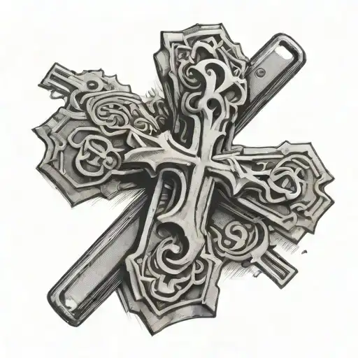 A tattoo of a cross made out of car keys and money symbols tattoo design idea