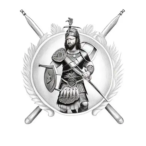 Scottish warrior holding shield with family behind  tattoo design idea