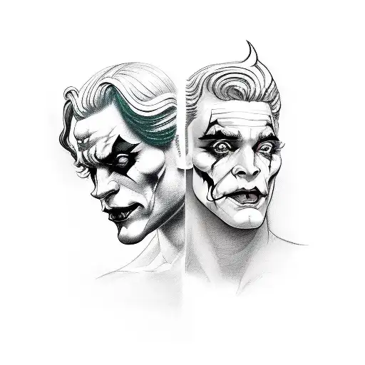 can you generate a drawing of a greek statue style tattoo design of the Jared Letto's Joker, Margot Robbie's Harley Quin tattoo design idea