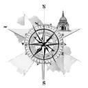 A compass intertwined with various travel landmarks, representing the love for exploring new places tattoo design idea