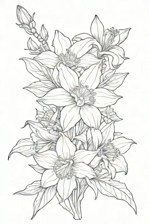 small boquet of a daffodil, a honey suckle, a cosmos, and a gladiolus tattoo design idea