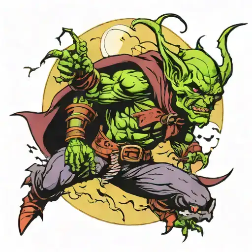 Green goblin with spear hunt at night, moon on the sky, bats tattoo design idea