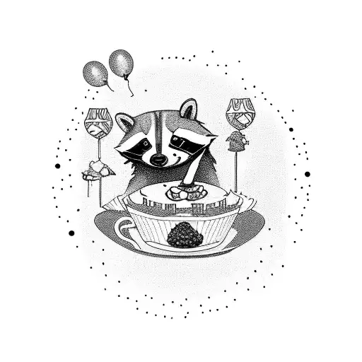A whimsical cake with a mischievous raccoon popping out of it, surrounded by sparkling tea cups tattoo design idea