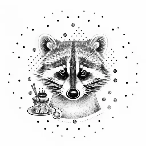 A dotwork tattoo of a raccoon, surrounded by sparkling tea cups and slices of cake tattoo design idea