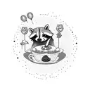 A whimsical cake with a mischievous raccoon popping out of it, surrounded by sparkling tea cups tattoo design idea
