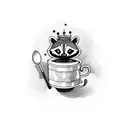 A whimsical cake with a mischievous raccoon popping out of it, surrounded by sparkling tea cups tattoo design idea