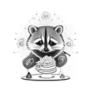 A whimsical cake with a mischievous raccoon popping out of it, surrounded by sparkling tea cups tattoo design idea