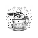A whimsical cake with a mischievous raccoon popping out of it, surrounded by sparkling tea cups tattoo design idea