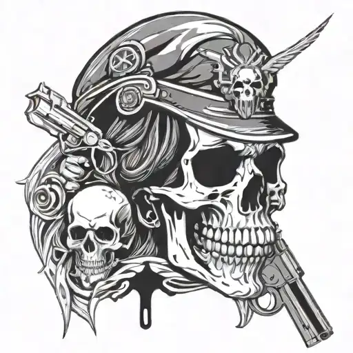 a woman in military uniform with a skull with blood flowing from it and a revolver in her hands tattoo design idea