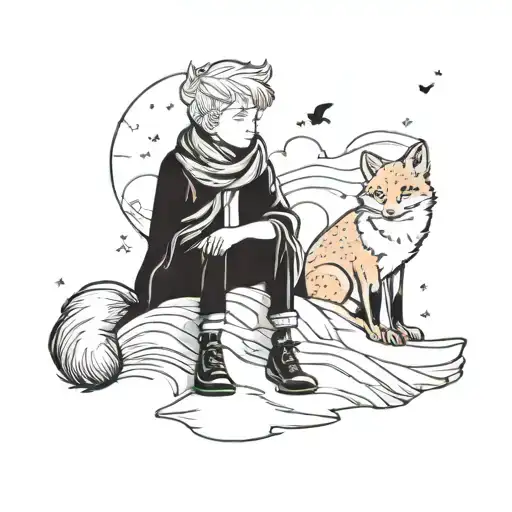 Little prince sitting with scarf blowing in the wind and fox next to him, minimalist landscape. tattoo design idea