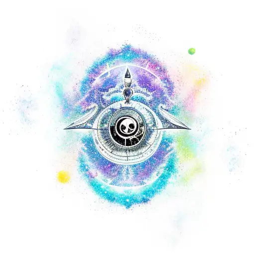 A vibrant new-school design featuring a mystical black sea creature surrounded by astrological symbols tattoo design idea