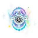 A vibrant new-school design featuring a mystical black sea creature surrounded by astrological symbols tattoo design idea