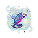 A vibrant new-school design featuring a mystical black sea creature surrounded by astrological symbols tattoo design idea