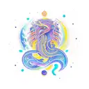 A vibrant new-school design featuring a mystical black sea creature surrounded by astrological symbols tattoo design idea