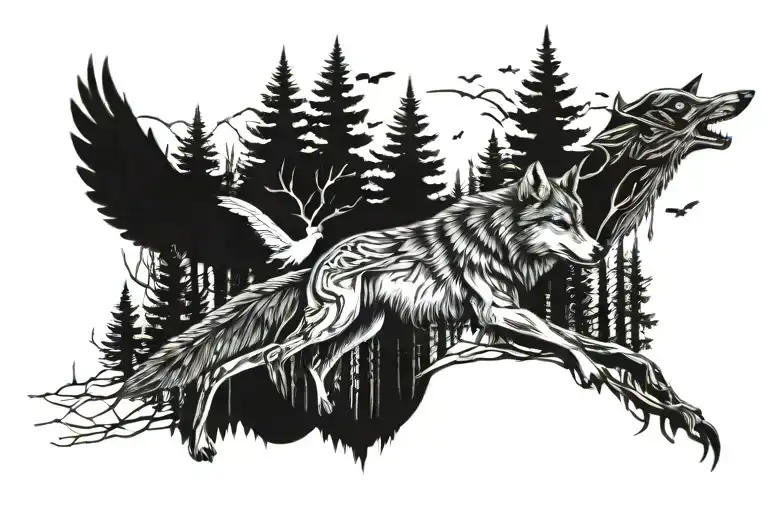 tattoo sketch in black and white style forest trees Gothic style wolf birds flying tattoo design idea
