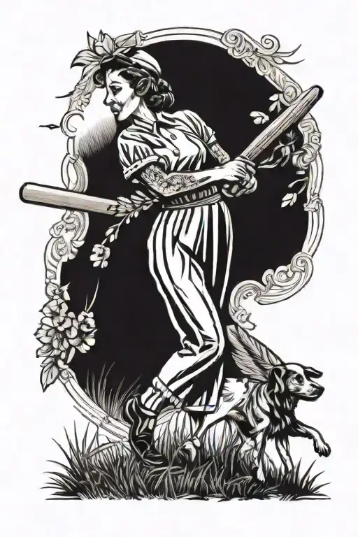 A traditional style tattoo of a woman playing cricket with her pet dog cheering her on tattoo design idea