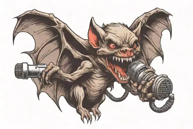 a vampire bat biting a microphone  tattoo design idea