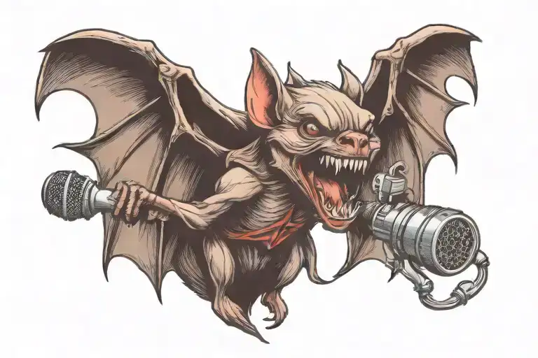 a vampire bat biting a microphone  tattoo design idea