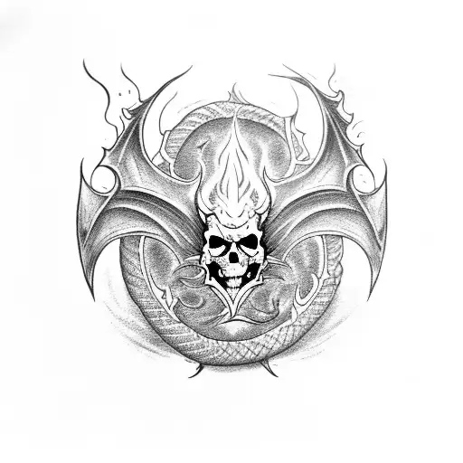 Dragon, flames, skull tattoo design idea