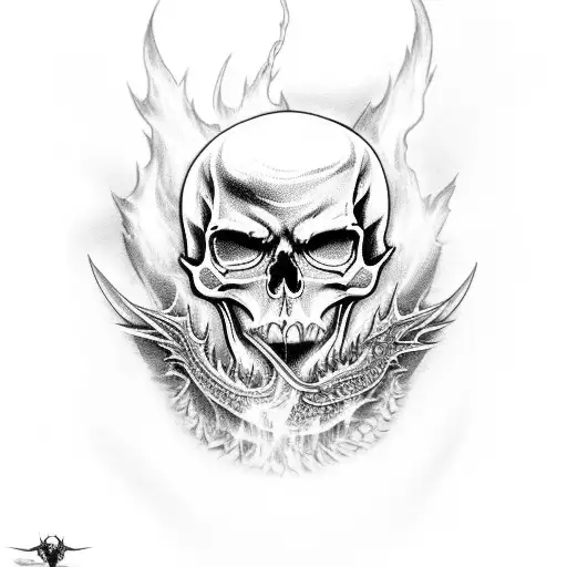 a flaming skull with a dragon wrapped around tattoo design idea