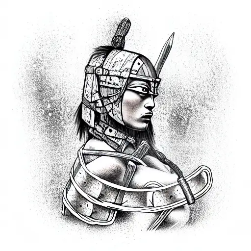 ancient warrior chained in a medieval wooden stock  tattoo design idea