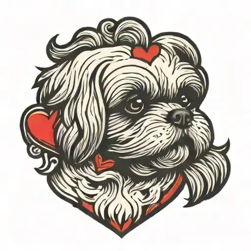 Bichon shih tzu dog holding a heart in its mouth open tattoo design idea