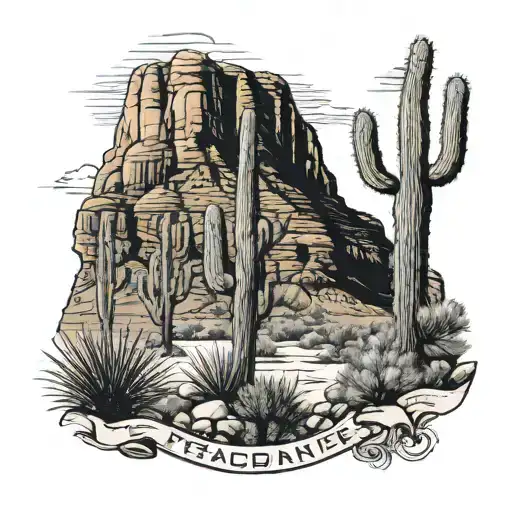 a saguaro cactus with a desert and mountain background with the name Hunter Anne underneath  tattoo design idea