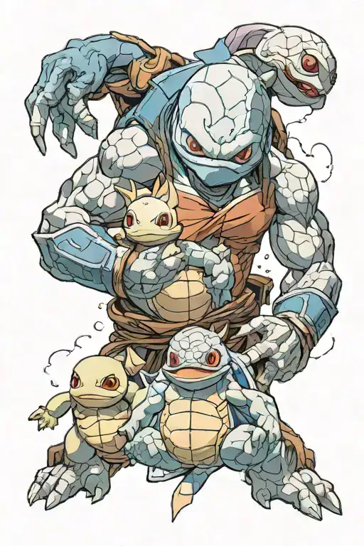 ichigo above squirtle next to gangar accross from ultra instinct goku talking to jiriaya and full metal alchemist tattoo design idea