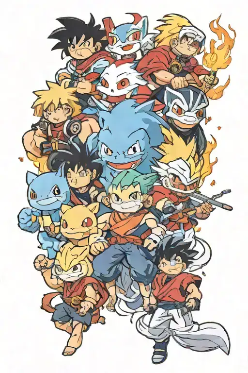 ichigo, squirtle, gangar, ultra instinct goku, inuyasha, jiraiya sensai, and edward alrich all around a camp fire tattoo design idea