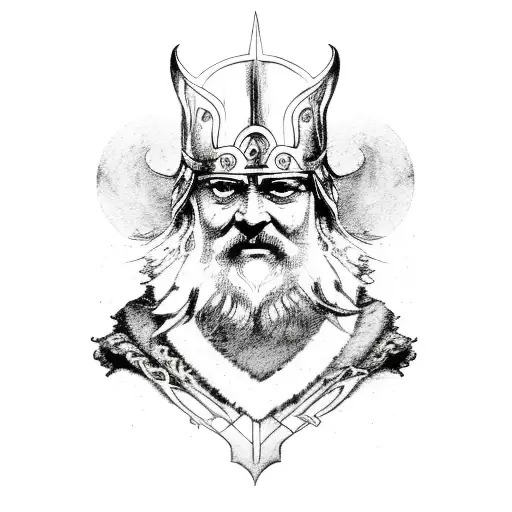 A detailed depiction of the Norse god Odin with his ravens and wolves tattoo design idea