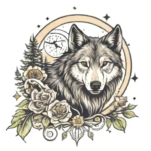 Wolf centerpiece. In the background there's a starry night sky, along with a ram's skull, and tarot-style moon and sun. tattoo design idea