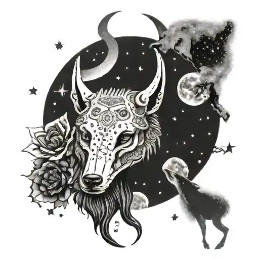 Wolf and ram skull in center. Background is a starry night sky, along with a tarot-style moon and sun. tattoo design idea