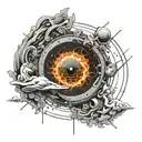 A graffiti-style black hole design incorporating scientific elements like equations or diagrams tattoo design idea
