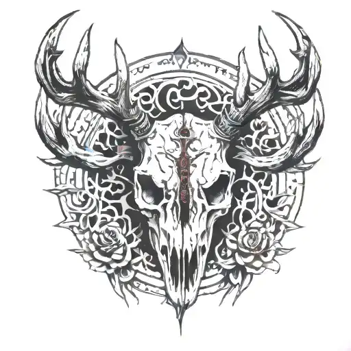 deer skull and blood tattoo design idea