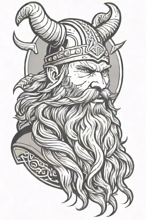 a Viking with a long beard, a bear head as a hat and Thor's hammer in his hand tattoo design idea