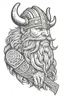 a Viking with a long beard, a bear head as a hat and Thor's hammer in his hand tattoo design idea