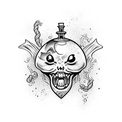 glass potion bottle with rope tied around it. Filled with vampire bats, blood, vervain, garlic, and fangs tattoo design idea