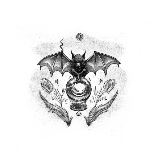 potion bottle with vampire bats, blood, vervain, garlic, and fangs tattoo design idea