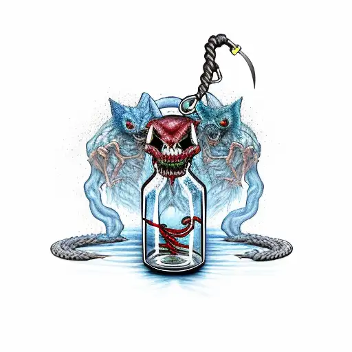 glass potion bottle with rope tied around it. Filled with vampire bats, blood, vervain, garlic, and fangs tattoo design idea