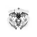 potion bottle with vampire bats, blood, vervain, garlic, and fangs tattoo design idea